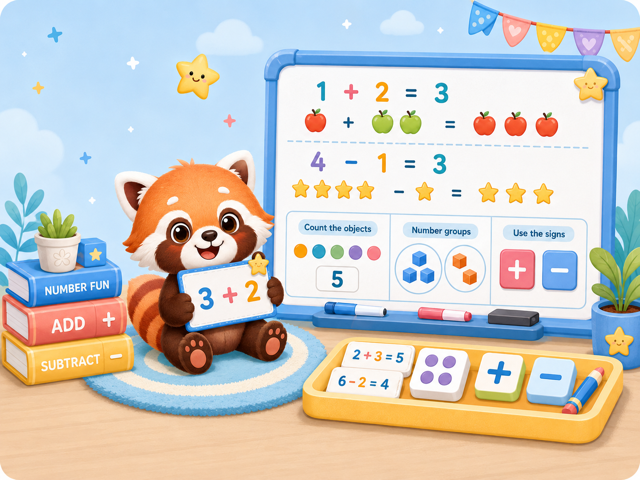 Tableau de classe additions et soustractions avec un enfant tenant 3 plus 2