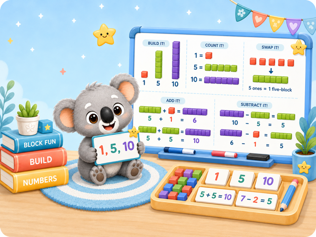 Number Blocks classroom board showing build, count, swap, make 10, add, and subtract examples