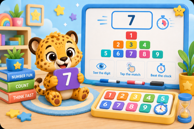 Number Sprint classroom scene with a timer, target digit, and colourful number keypad