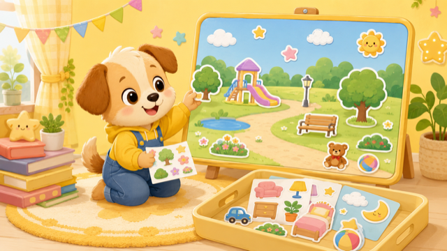 Friendly puppy pointing to a sticker scene board of a sunny park with a playground, pond, bench, and trees; a tray of loose stickers (furniture, ball, moon, car) on the table