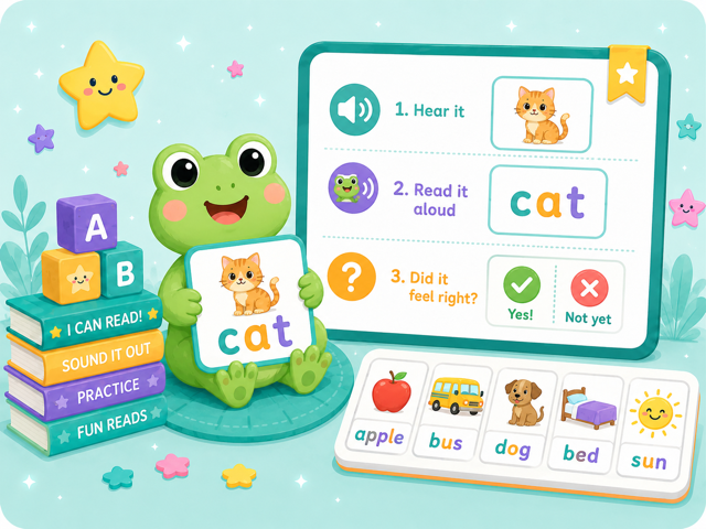 Friendly frog holding a CAT word card next to a reading-practice screen with alphabet blocks and word cards