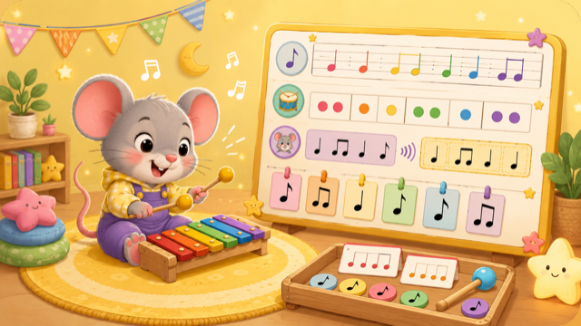 Smiling grey mouse playing a colourful xylophone beside a board of music notes and rhythm patterns