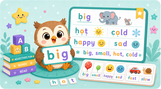 Friendly owl holding the word big beside adjective examples and matching picture cards